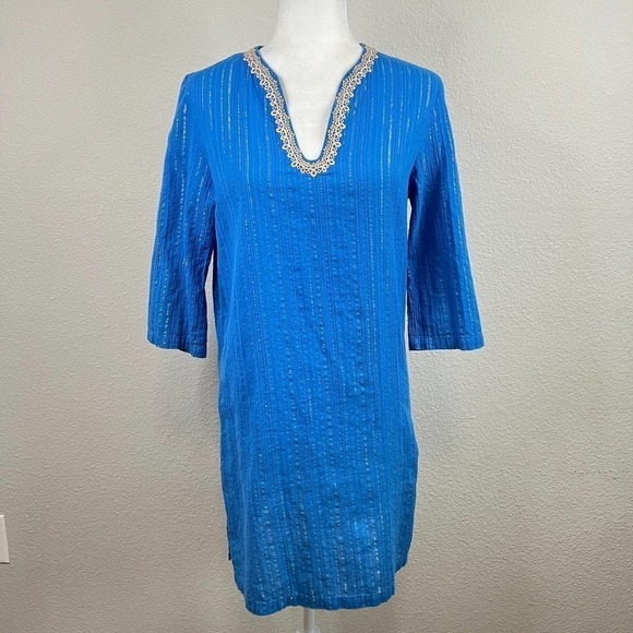 Lilly Pulitzer Esme Tunic Women's S Lurex Crinkle Blue Gold Metallic Swim Cover - Picture 1 of 8